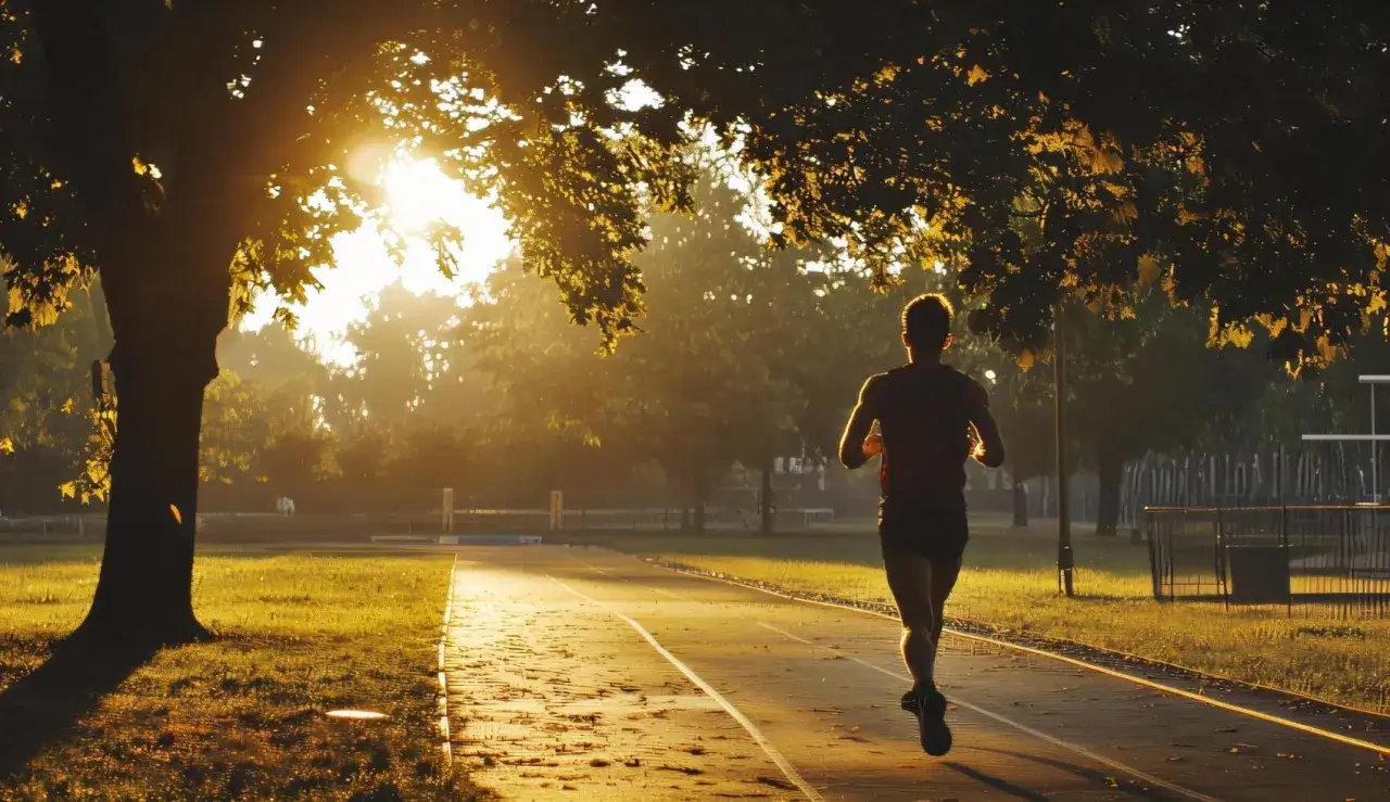 Ein Läufer genießt das morgens joggen im goldenen Licht der aufgehenden Sonne, während er auf einer Laufbahn unter Bäumen entlangläuft.