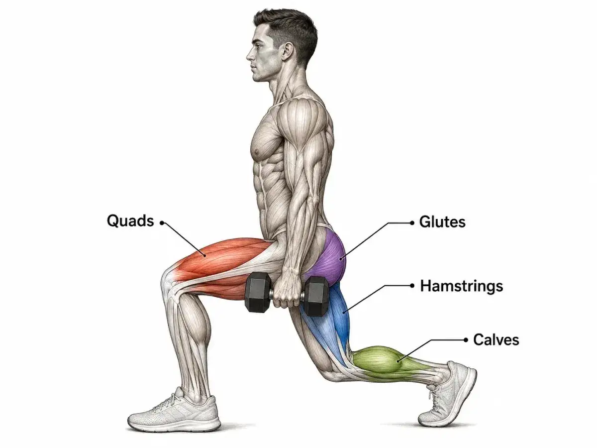 Anatomische Darstellung eines Mannes in Ausfallschritt-Position mit Hantel. Hervorgehobene Muskeln: Quads, Glutes, Hamstrings, Waden.