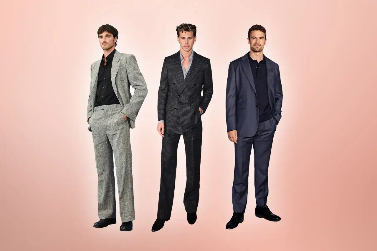 Drei Männer in Anzügen, die zeigen, was bedeutet smart casual: ein heller Tweed-Anzug, ein Nadelstreifen-Zweireiher und ein dunkelblauer Anzug mit Poloshirt.