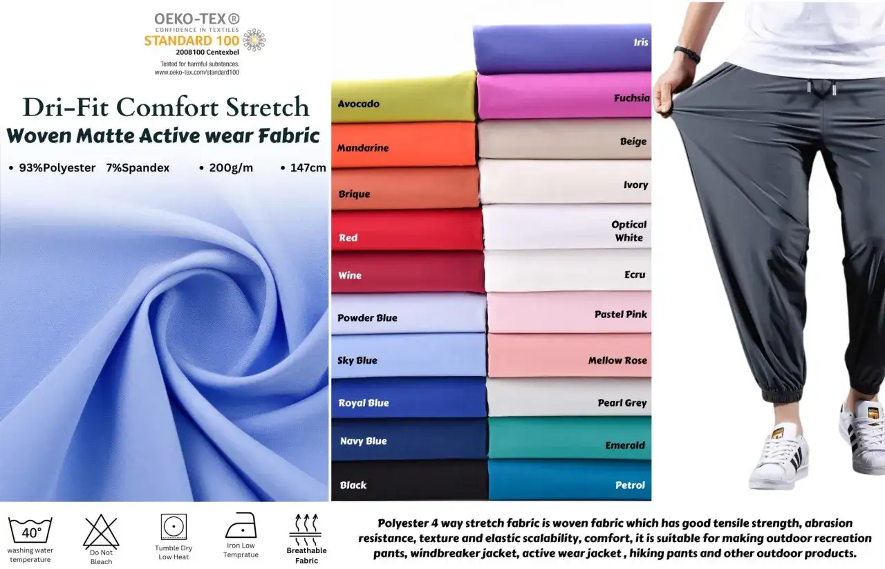 Stoff mit Elasthan: 93% Polyester, 7% Spandex. Vielseitig für Sportbekleidung, atmungsaktiv und dehnbar.
