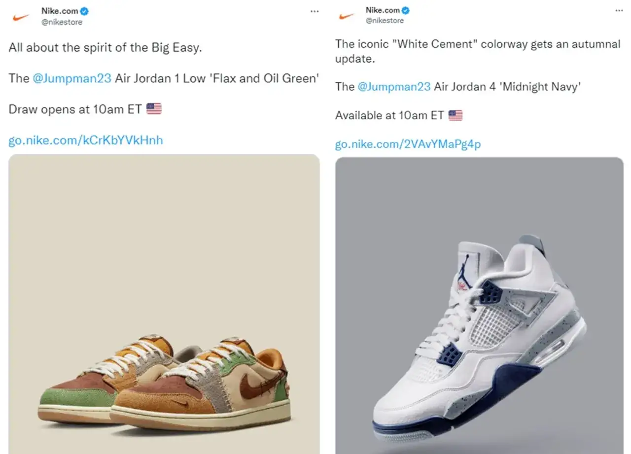 Zwei Air Jordan Sneaker: links die 'Flax and Oil Green' Lows, rechts die 'Midnight Navy' 4er. Ein Raffle für beide, die Verlosung startet um 10 Uhr ET.
