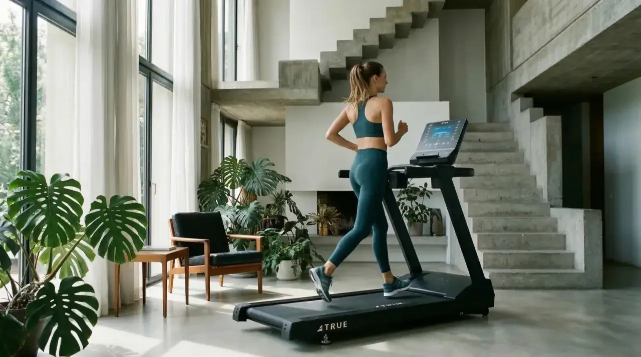 Frau macht Intervalltraining auf einem Laufband in einem modernen Zuhause mit gro&szlig;en Fenstern und Pflanzen.