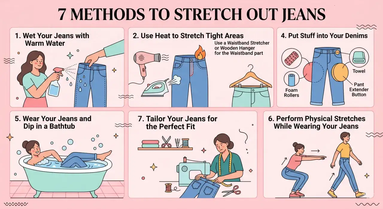 7 Methoden, um Jeans zu weiten: Wasser, Hitze, Füllung, Badewanne, Schneidern oder Dehnen.