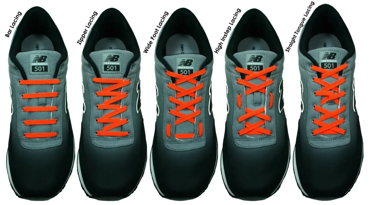 Fünf verschiedene Methoden, um Schuhe zu binden ohne schleife: Bar, Zipper, Wide Foot, High Instep und Straight Tongue Lacing.