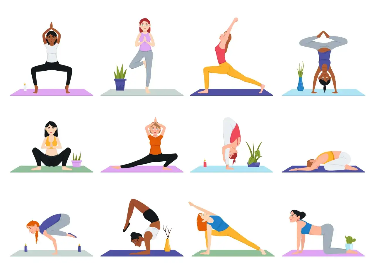 Zwölf Frauen in verschiedenen Yoga-Posen. Yoga ist Sport, der Körper und Geist stärkt.