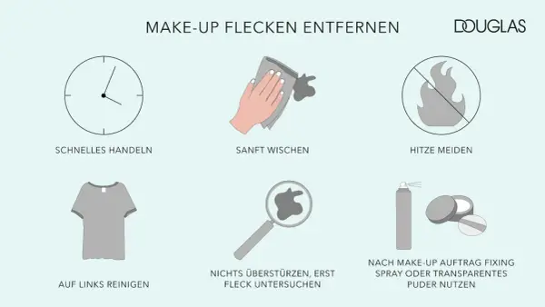 Tipps zum Make-up aus Kleidung entfernen: schnell handeln, sanft wischen, Hitze meiden, links reinigen, Fleck untersuchen, Fixing Spray/Puder nutzen.