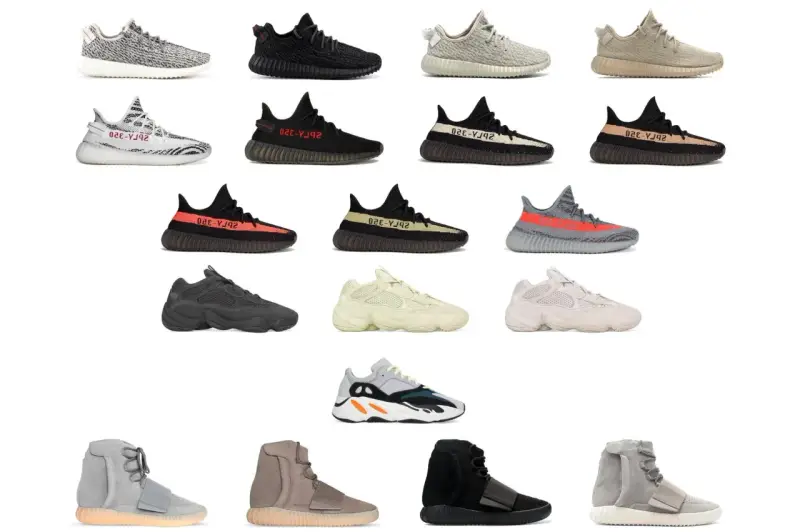 Eine Sammlung von all yeezy models in verschiedenen Farben und Stilen, von Boost 350 bis zu den klobigeren Modellen.